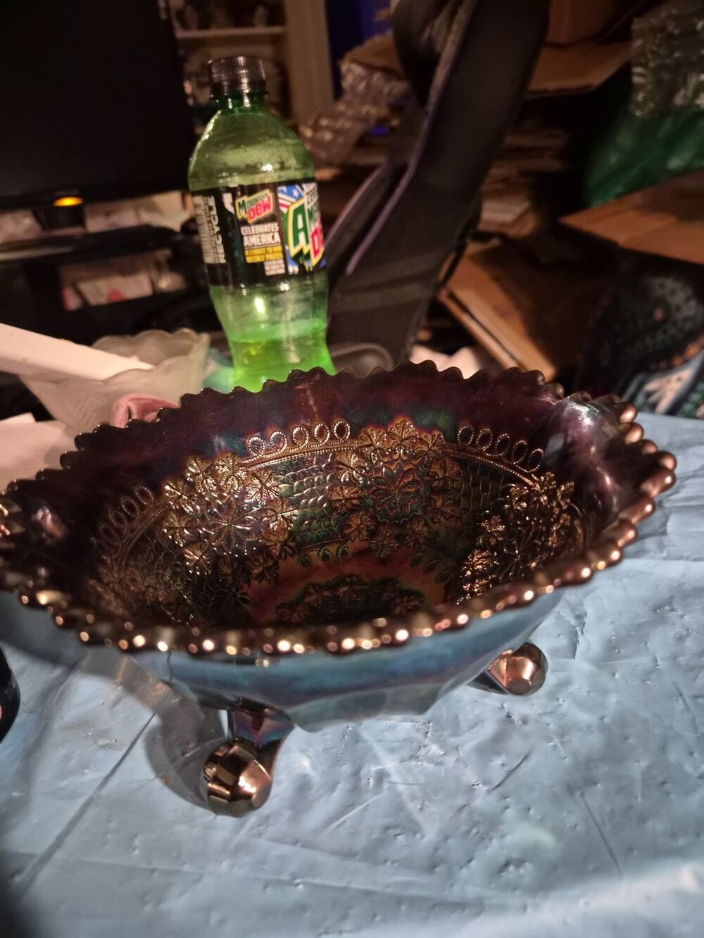 Vintage Fenton amethyst carnival Glass Footed Bowl with An iridescence Finish